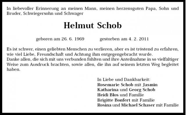 Schob Helmut 1969-2011 Todesanzeige